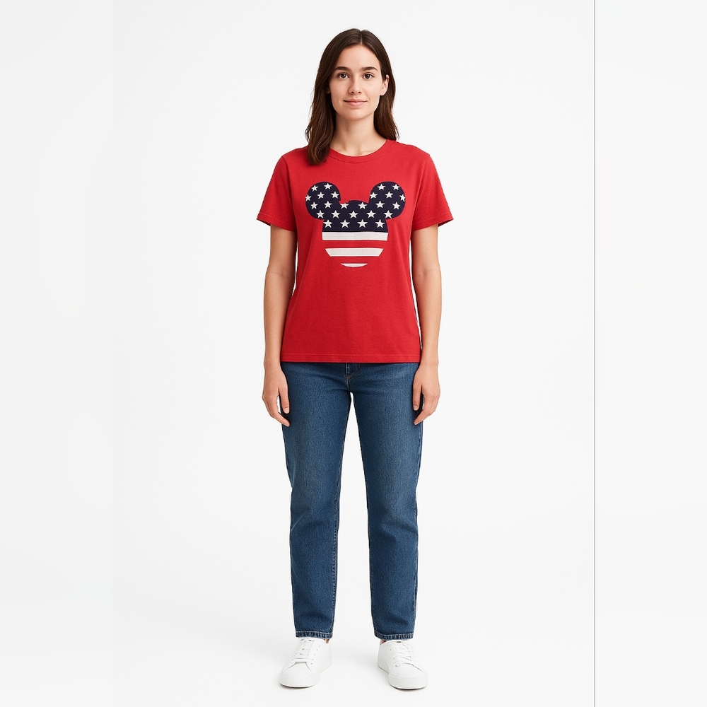 {Disney} Red Crewneck American Flag Mickey Mouse Tee